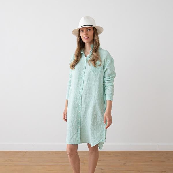 linenme Linen Shirt Dress Stripe Emerald Green Paula