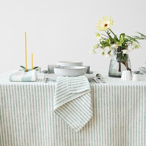 Linenme Linen Striped Tablecloth Brittany Aqua Foam