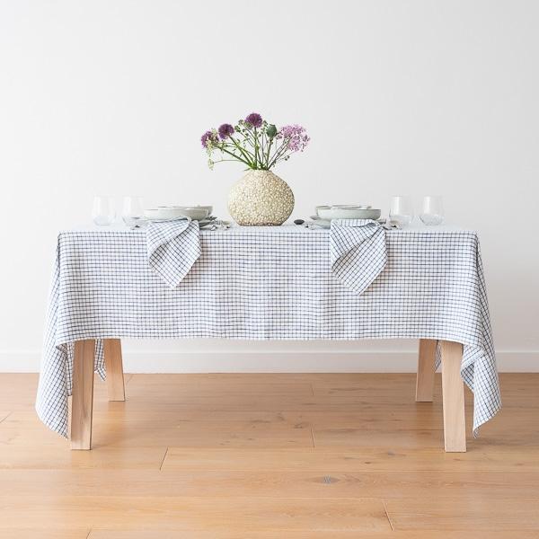 Linenme Linen Tablecloth Graphic Check Off White Blue