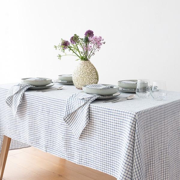 Linenme Linen Tablecloth Graphic Check Off White Blue