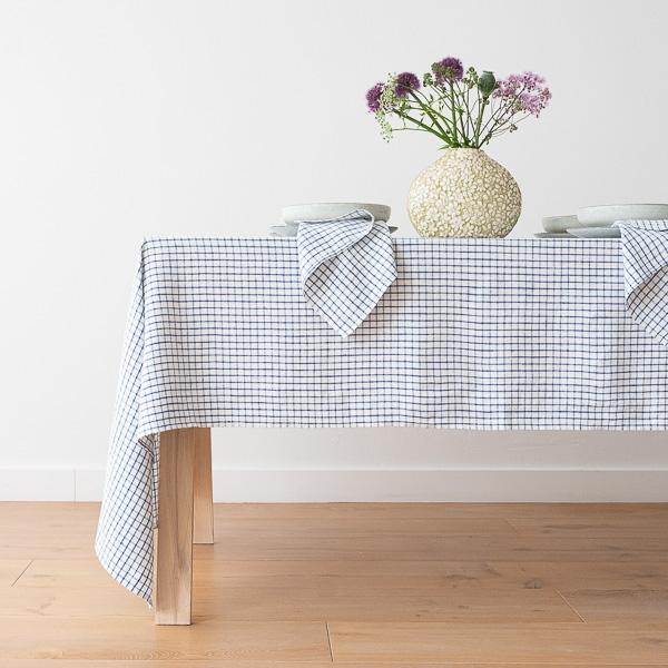 linenme Linen Tablecloth Graphic Check Off White Blue