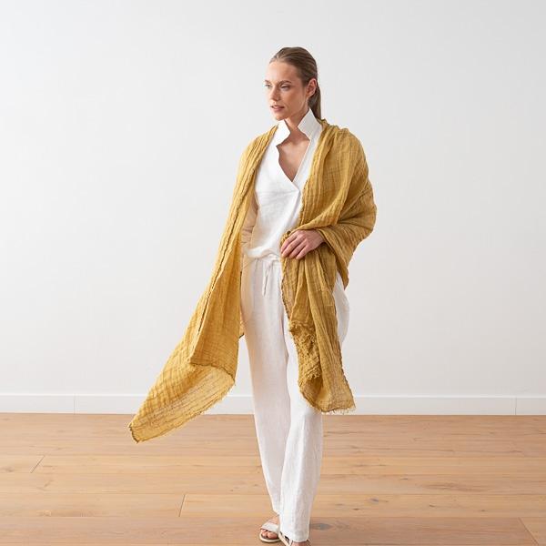 Linenme Antique Gold Linen Shawl Garza Fringe