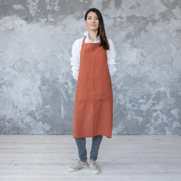 linenme BIB Apron Stone Washed Linen Brick