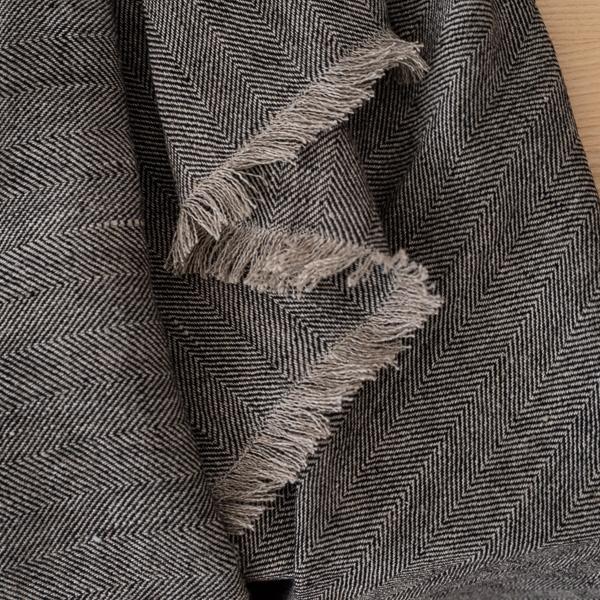 linenme Black Linen Throw with Fringes Chevron
