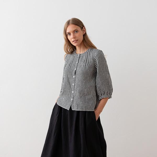 Linenme Black White Gingham Linen Blouse Sakura