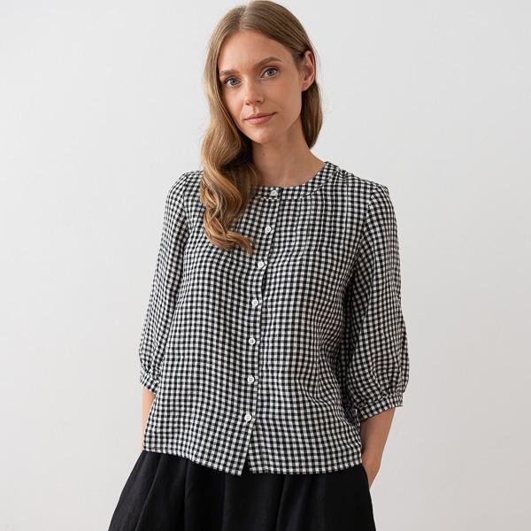 linenme Black White Gingham Linen Blouse Sakura