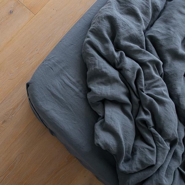 Linenme Blue Linen Deep Fitted Sheet Stone Washed