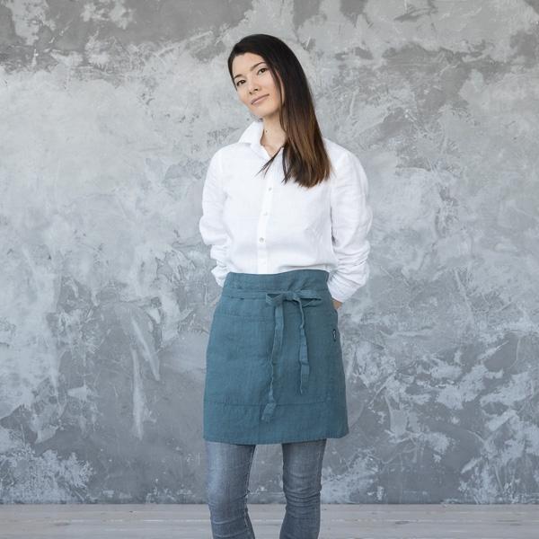 linenme Cafe Apron Balsam Green Stone Washed Linen