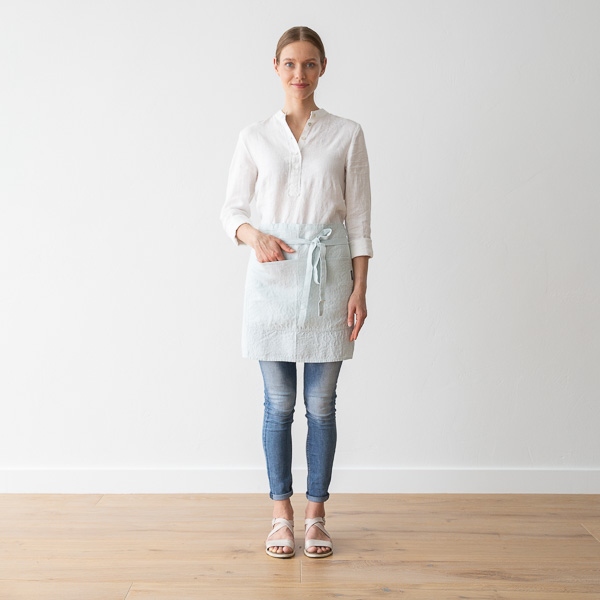 linenme Cafe Apron Ice Blue Stone Washed Linen
