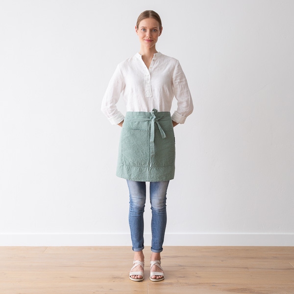Linenme Cafe Apron Spa Green Stone Washed Linen