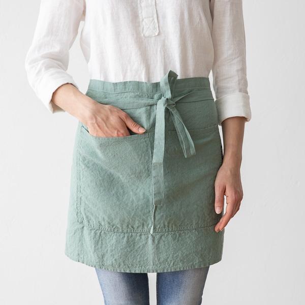Linenme Cafe Apron Spa Green Stone Washed Linen