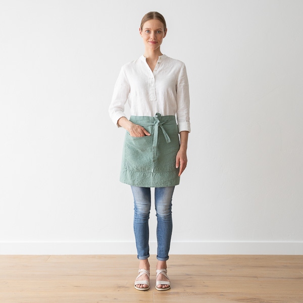 linenme Cafe Apron Spa Green Stone Washed Linen
