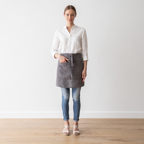linenme Cafe Apron Steel Grey Stone Washed Linen