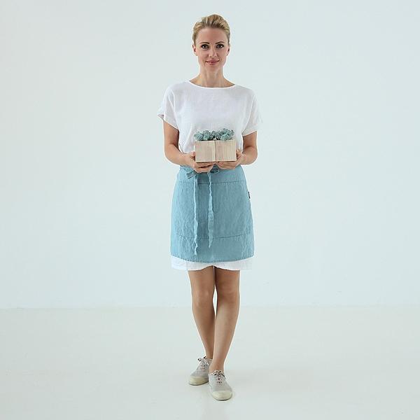 linenme Cafe Apron Stone Blue Stone Washed Linen
