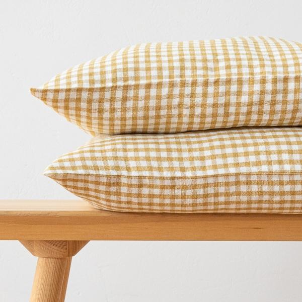 Linenme Gingham Linen Cushion Cover Antique Gold