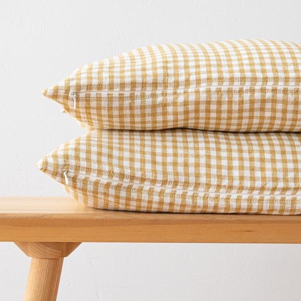 Linenme Gingham Linen Cushion Cover Antique Gold