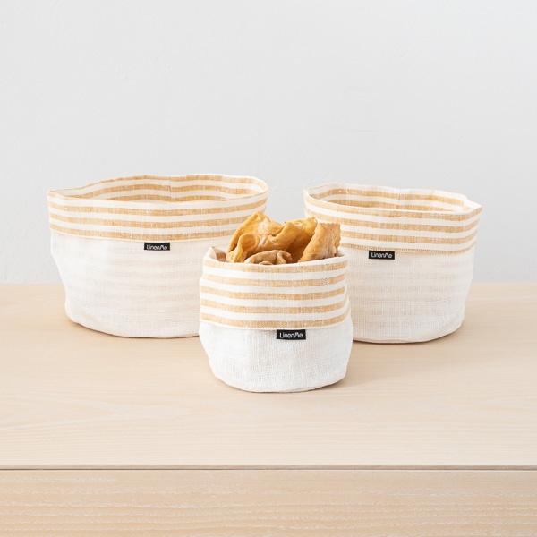 Linenme Gold White Linen Cotton Basket Brittany