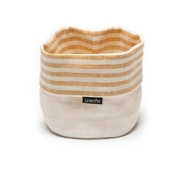 Linenme Gold White Linen Cotton Basket Brittany