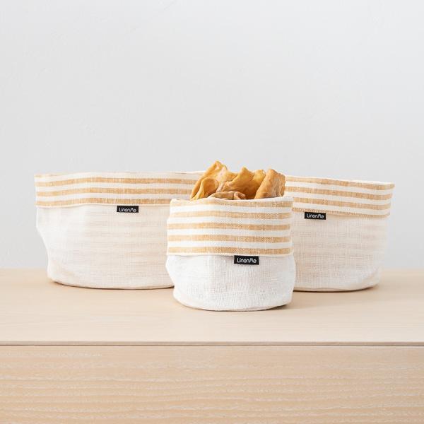 linenme Gold White Linen Cotton Basket Brittany