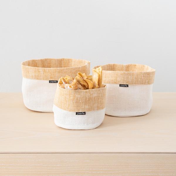 Linenme Gold White Linen Cotton Basket Francesca