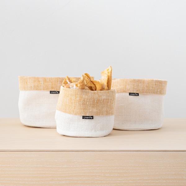 linenme Gold White Linen Cotton Basket Francesca