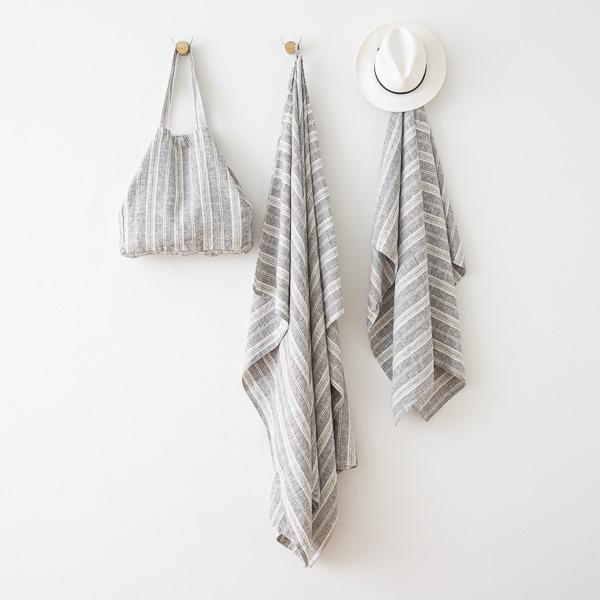 Linenme Graphite Linen Beach Bag Multistripe
