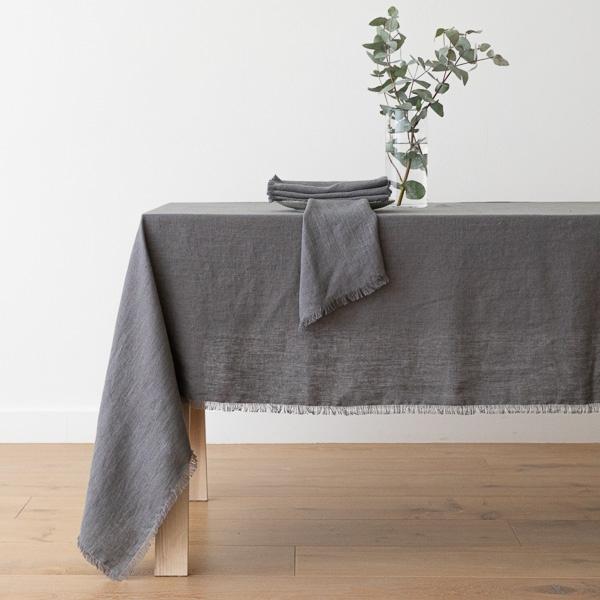 Linenme Graphite Linen Tablecloth Terra Fringe
