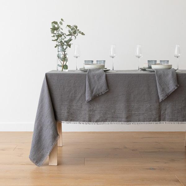Linenme Graphite Linen Tablecloth Terra Fringe