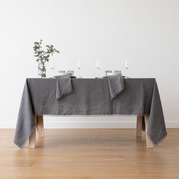 Linenme Graphite Linen Tablecloth Terra Fringe