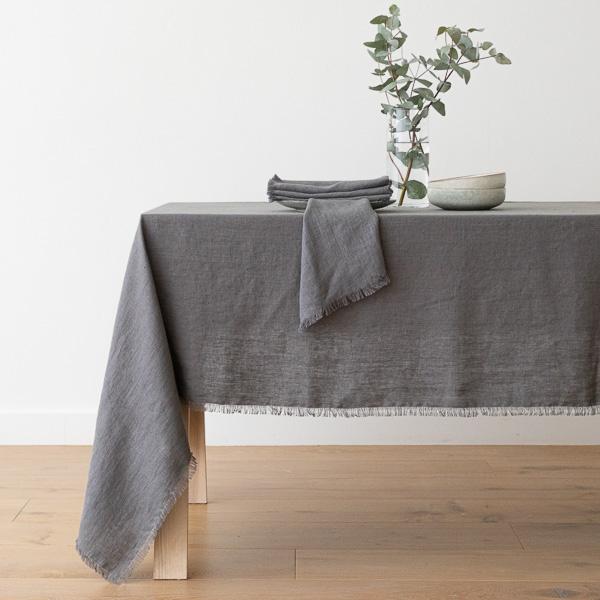 linenme Graphite Linen Tablecloth Terra Fringe