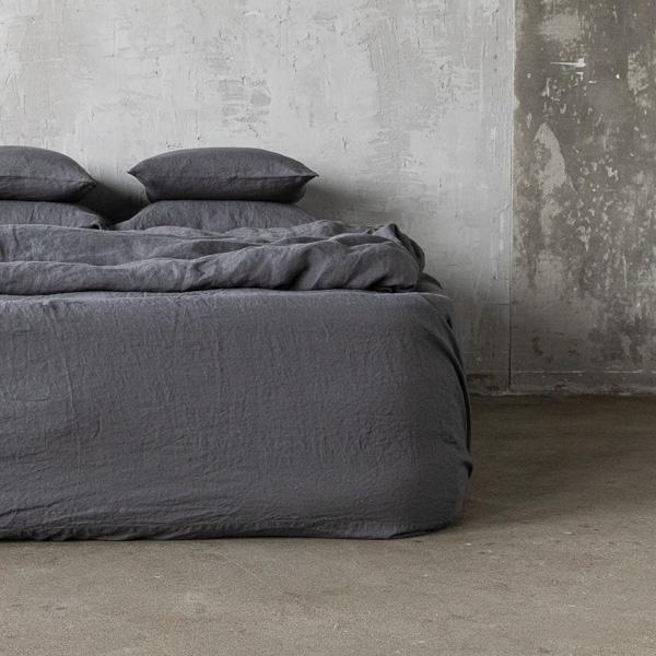 linenme Grey Linen Fitted Sheet Stone Washed