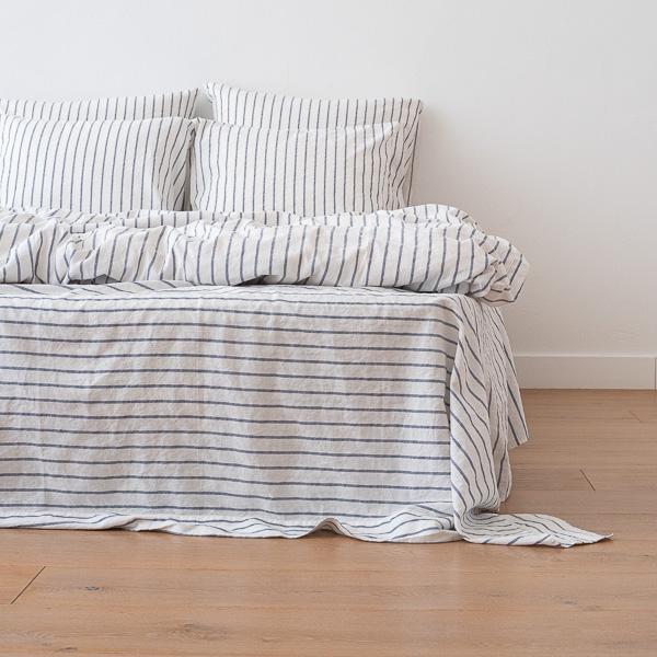linenme Indigo Washed Bed Linen Flat Sheet Stripe