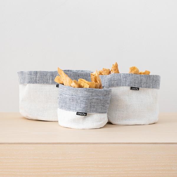 linenme Indigo White Linen Cotton Basket Francesca