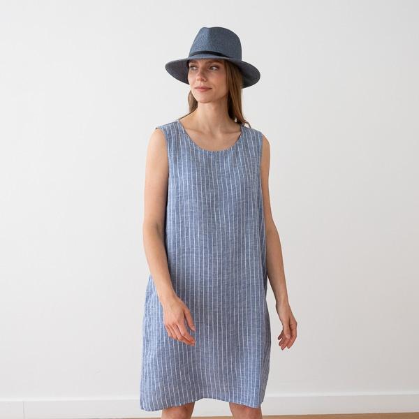 linenme Large Stripe Blue Linen Dress Julia