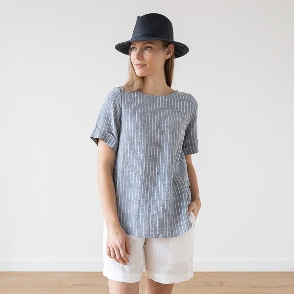 Linenme Large Stripe Linen Blouse Blue Luisa