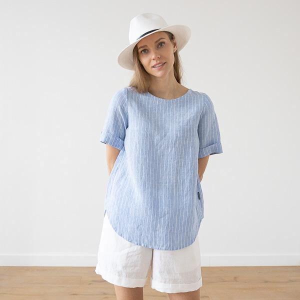 Linenme Large Stripe Linen Blouse Blue Luisa