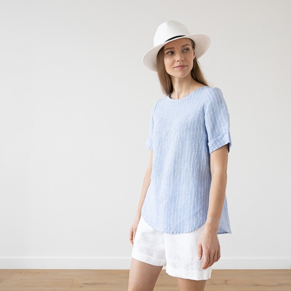 Linenme Large Stripe Linen Blouse Blue Luisa