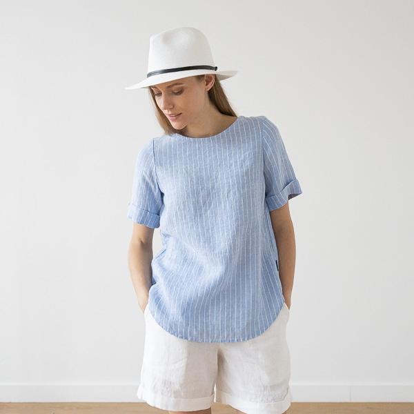 linenme Large Stripe Linen Blouse Blue Luisa