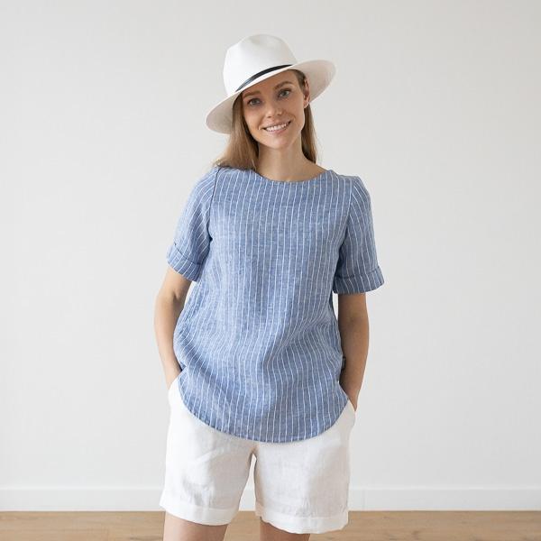 Linenme Large Stripe Linen Blouse Blue Luisa