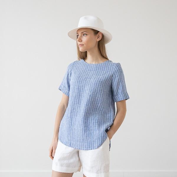 Linenme Large Stripe Linen Blouse Blue Luisa
