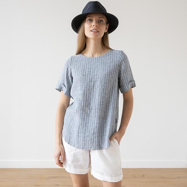 linenme Large Stripe Linen Blouse Blue Luisa