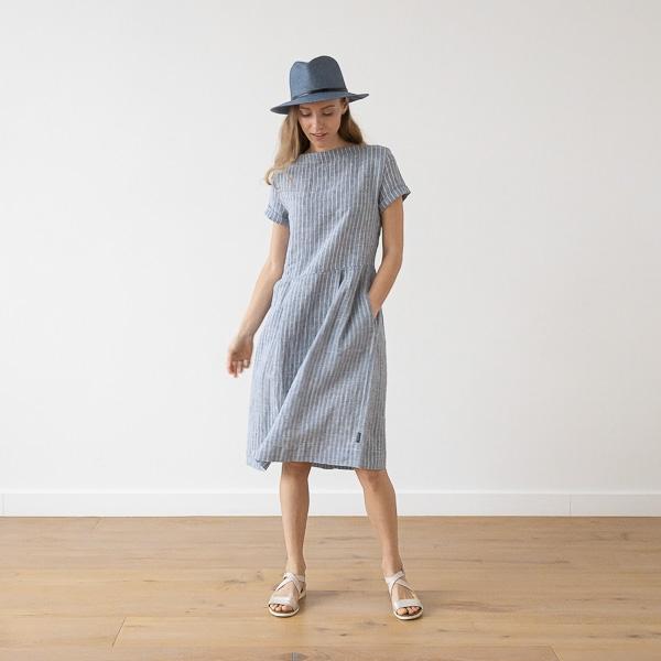 Linenme Large Stripe Linen Dress Light Blue Adel