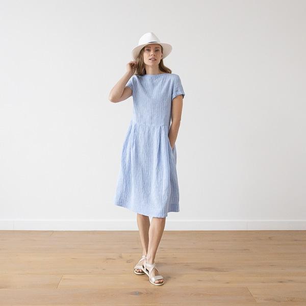 Linenme Large Stripe Linen Dress Light Blue Adel