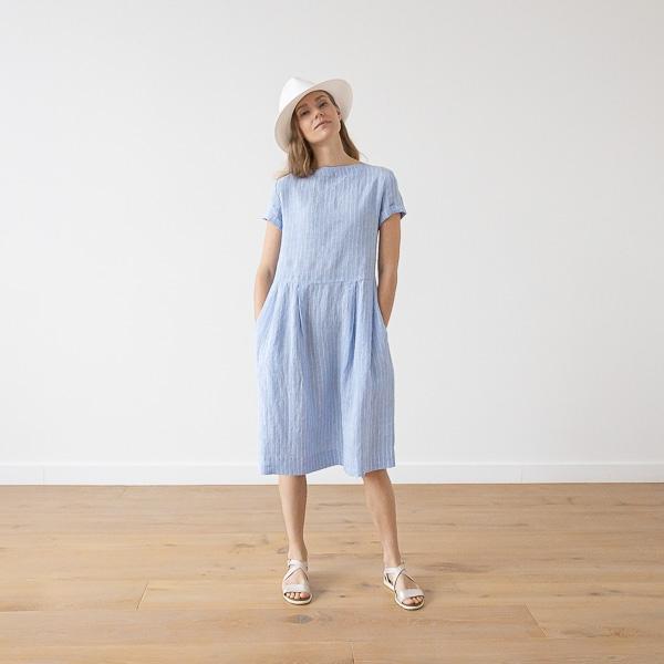 Linenme Large Stripe Linen Dress Light Blue Adel