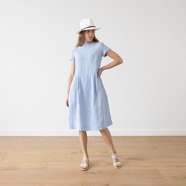 Linenme Large Stripe Linen Dress Light Blue Adel