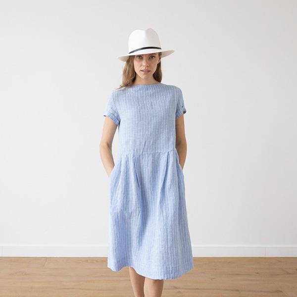 linenme Large Stripe Linen Dress Light Blue Adel