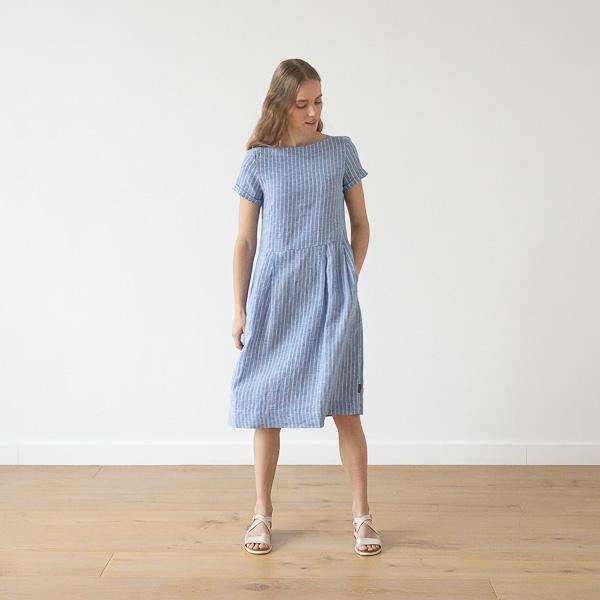 Linenme Large Stripe Linen Dress Light Blue Adel