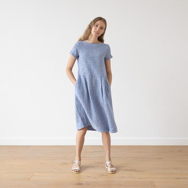 Linenme Large Stripe Linen Dress Light Blue Adel