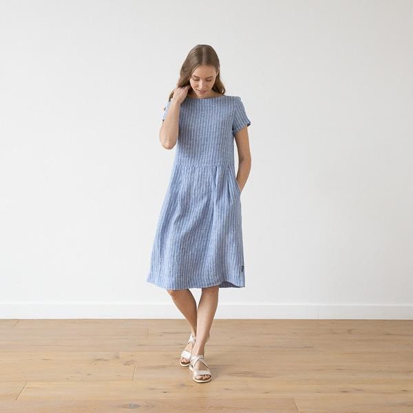 Linenme Large Stripe Linen Dress Light Blue Adel