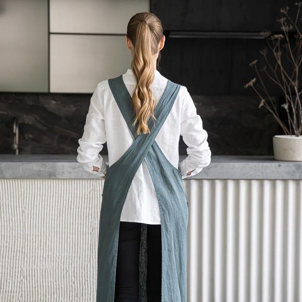 Linenme Linen Back Cross Apron Balsam Green Terra